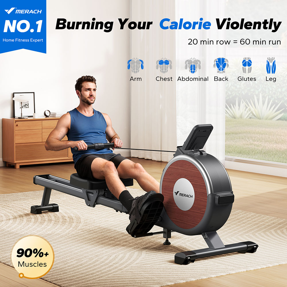 MERACH Q1S Magnetic Rowing Machine, 16-Level Resistance, 350lb Capacity, Dual Rail, LCD Monitor, App Compatible, Black