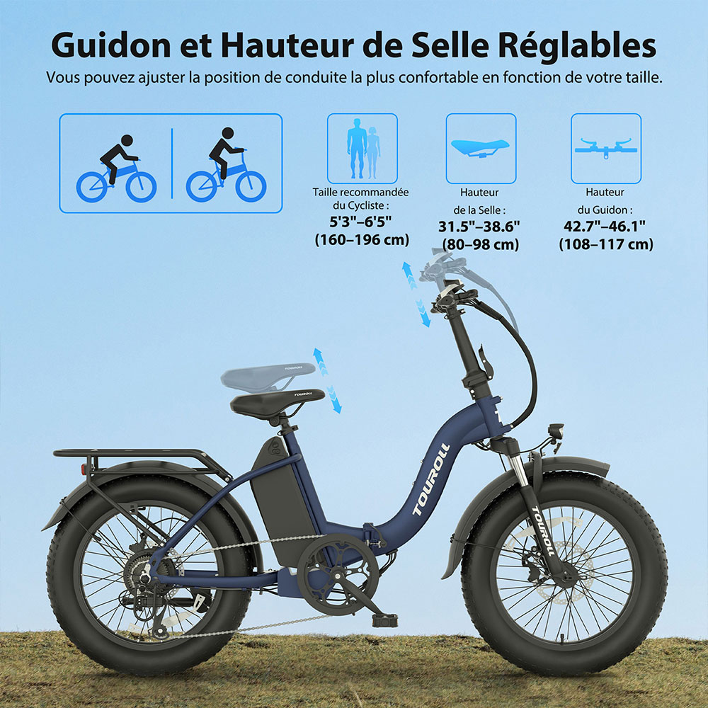 Touroll S2 Vélo électrique, puissance maximale de 650 W, batterie 48 V 15 Ah, pneu 20 x 4,0 pouces, vitesse maximale de 25 km/h, autonomie maximale de 150 km, frein à disque mécanique et frein électrique, amortisseur mécanique, Shimano 7 vitesses