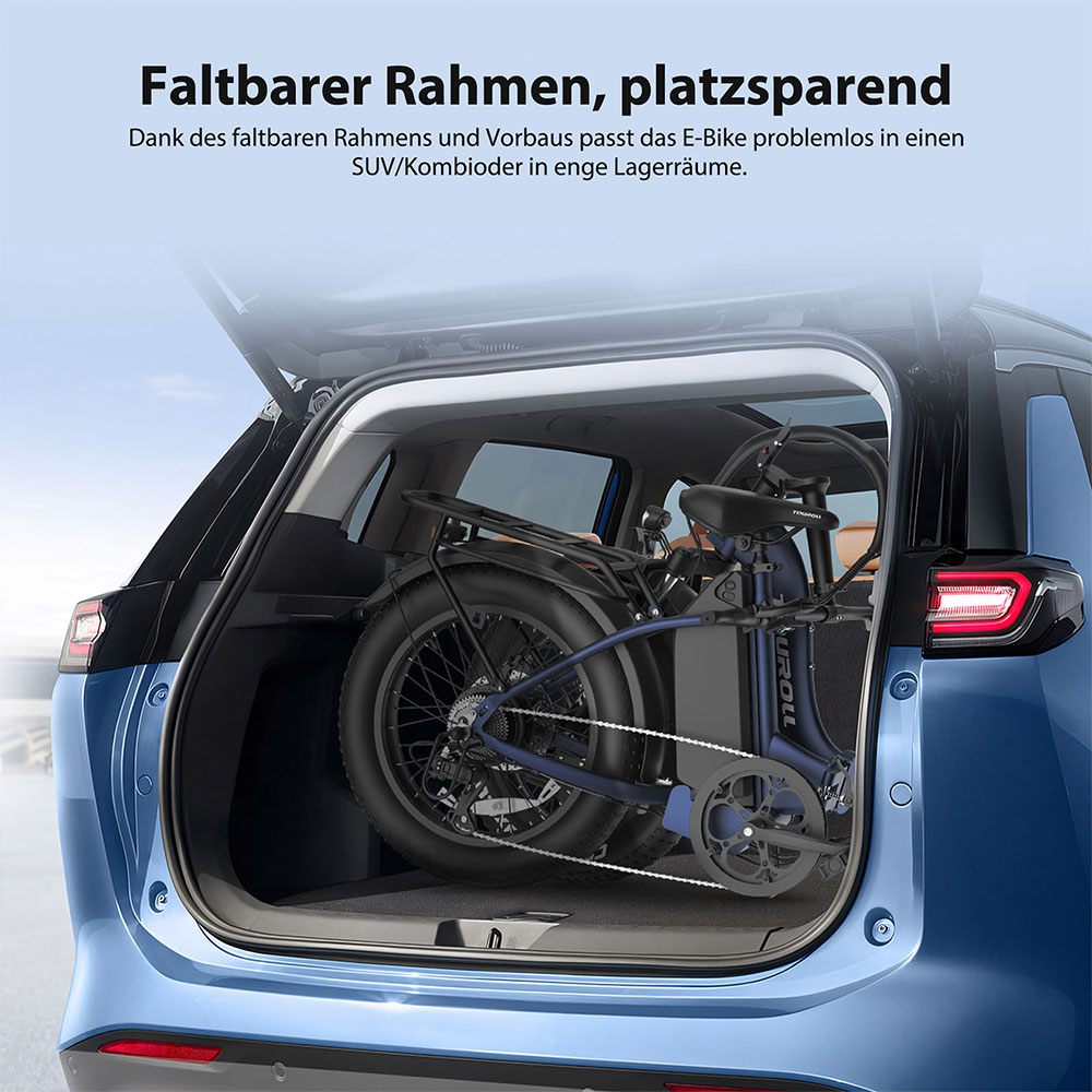 Touroll S2 Elektrofahrrad, 650 W max. Leistung, 48 V 15 Ah Akku, 20 x 4,0 Zoll Reifen, 25 km/h Max. Geschwindigkeit, 150 km max. Reichweite, mechanische Scheibenbremse & E-Bremse, mechanischer Stoßdämpfer, Shimano 7-Gang-Getriebe