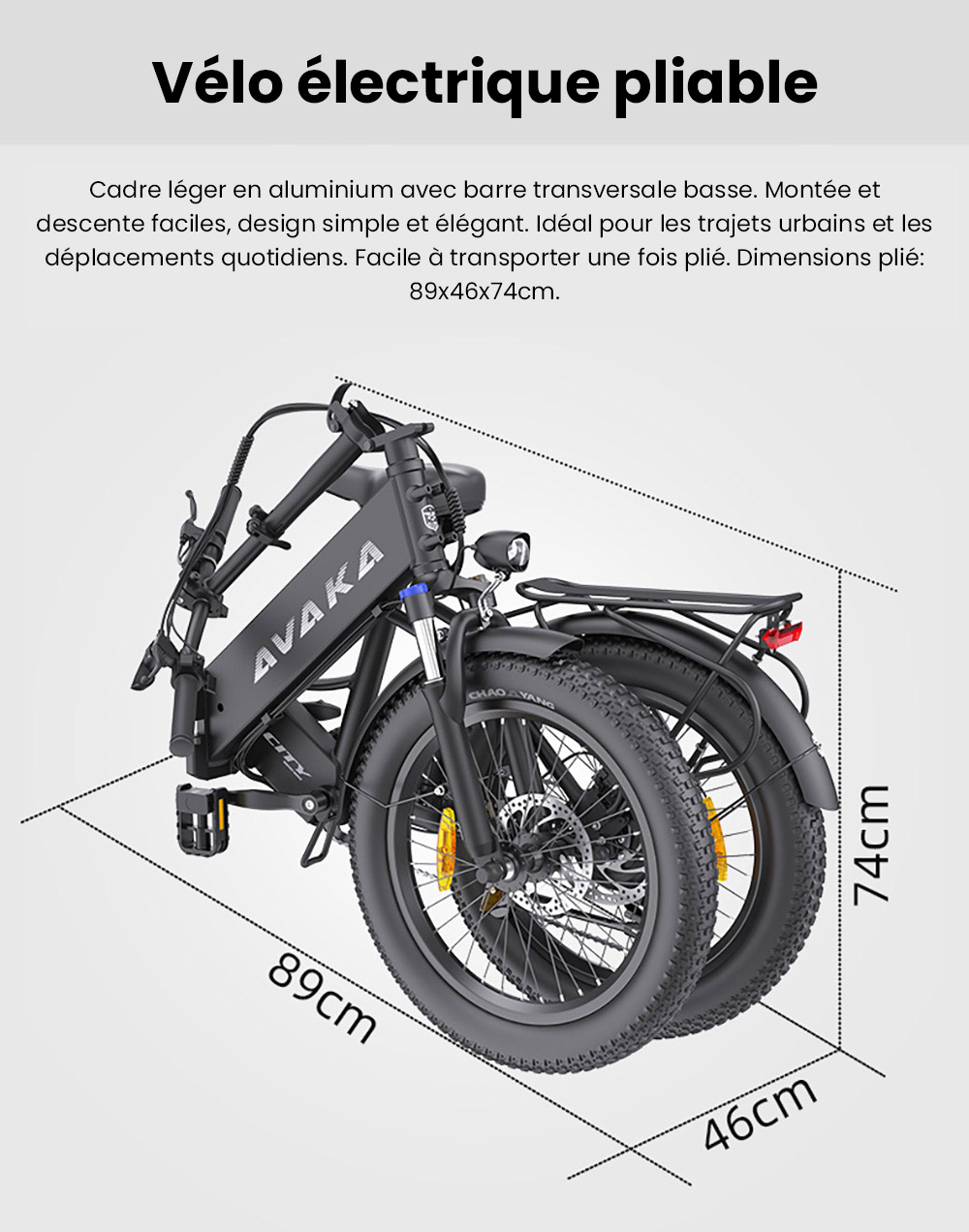 Vélo électrique pliable AVAKA K300, moteur 350 W, batterie 36 V 16 Ah, pneus 20 x 3,0 pouces, vitesse maximale 31 km/h, autonomie 100 km, freins à disque avant et arrière, écran LCD, SHIMANO 7 vitesses - Blanc