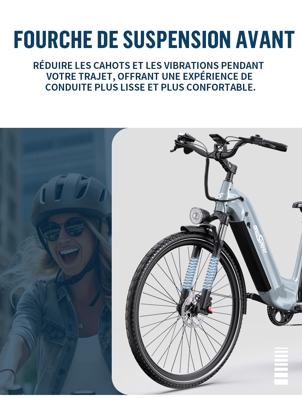 Onesport OT05 Pro Vélo électrique, moteur 250 W, batterie 36 V 22,5 Ah, pneus 700 x 50 C, vitesse maximale 25 km/h, autonomie 140 km, freins à disque hydrauliques, fourche à suspension avant, transmission Shimano 7 vitesses - Gris