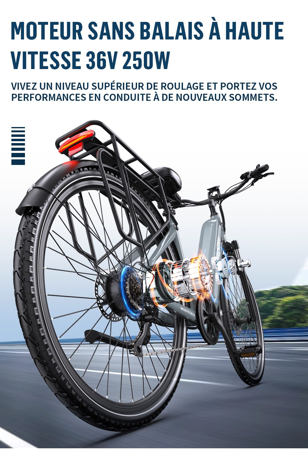 Onesport OT05 Pro Vélo électrique, moteur 250 W, batterie 36 V 22,5 Ah, pneus 700 x 50 C, vitesse maximale 25 km/h, autonomie 140 km, freins à disque hydrauliques, fourche à suspension avant, transmission Shimano 7 vitesses - Gris