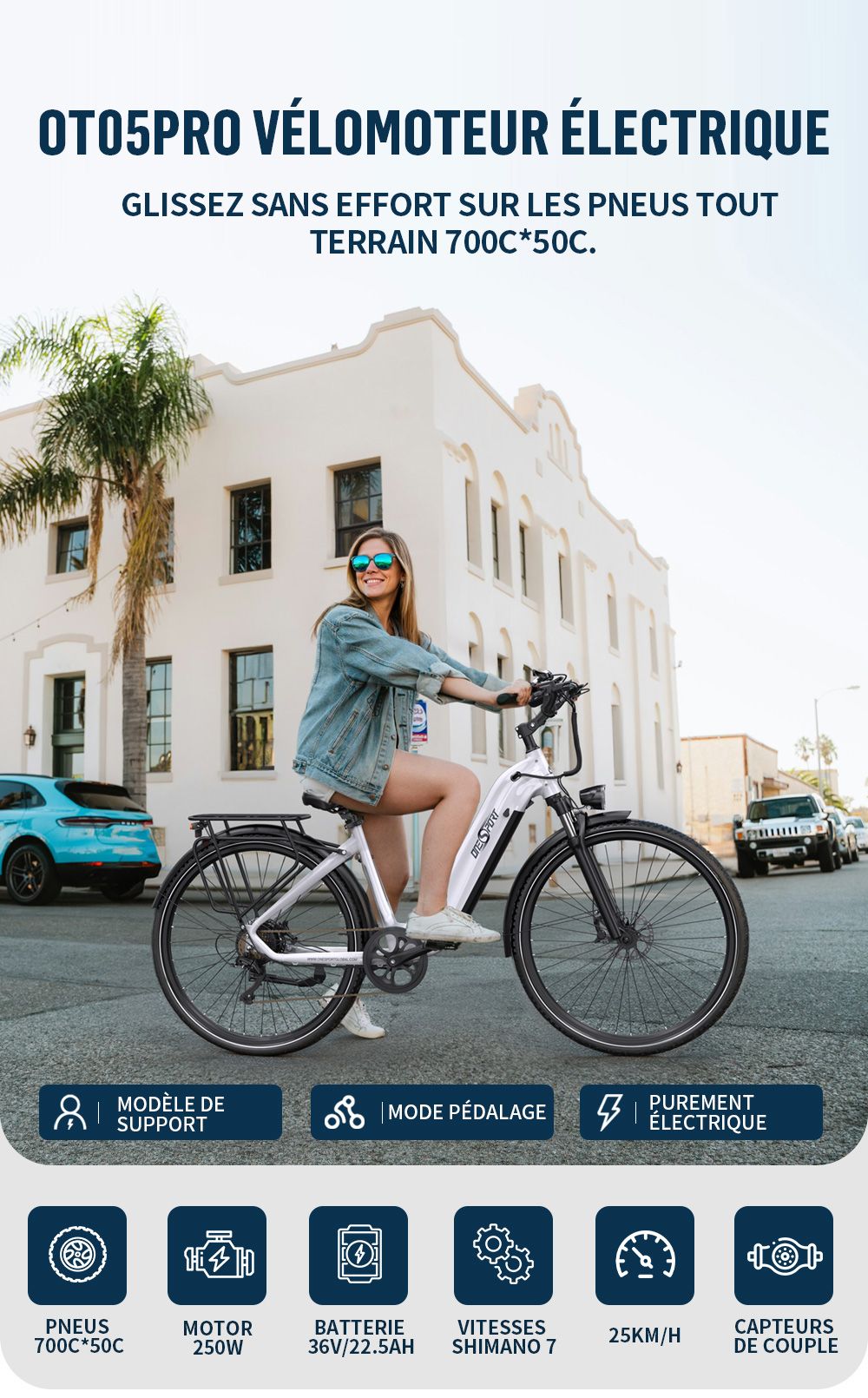 Onesport OT05 Pro Vélo électrique, moteur 250 W, batterie 36 V 22,5 Ah, pneus 700 x 50 C, vitesse maximale 25 km/h, autonomie 140 km, freins à disque hydrauliques, fourche à suspension avant, Shimano 7 vitesses - Blanc