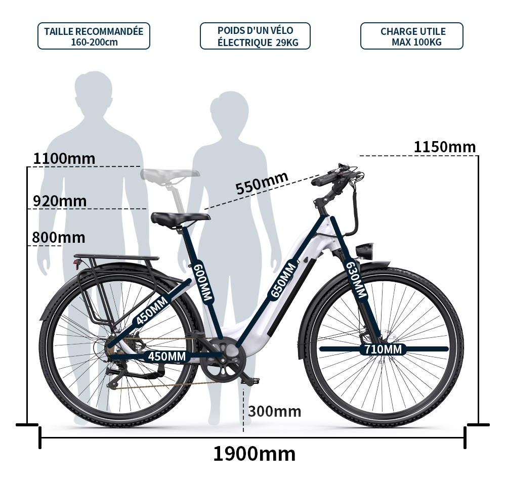 Onesport OT05 Pro Vélo électrique, moteur 250 W, batterie 36 V 22,5 Ah, pneus 700 x 50 C, vitesse maximale 25 km/h, autonomie 140 km, freins à disque hydrauliques, fourche à suspension avant, Shimano 7 vitesses - Blanc