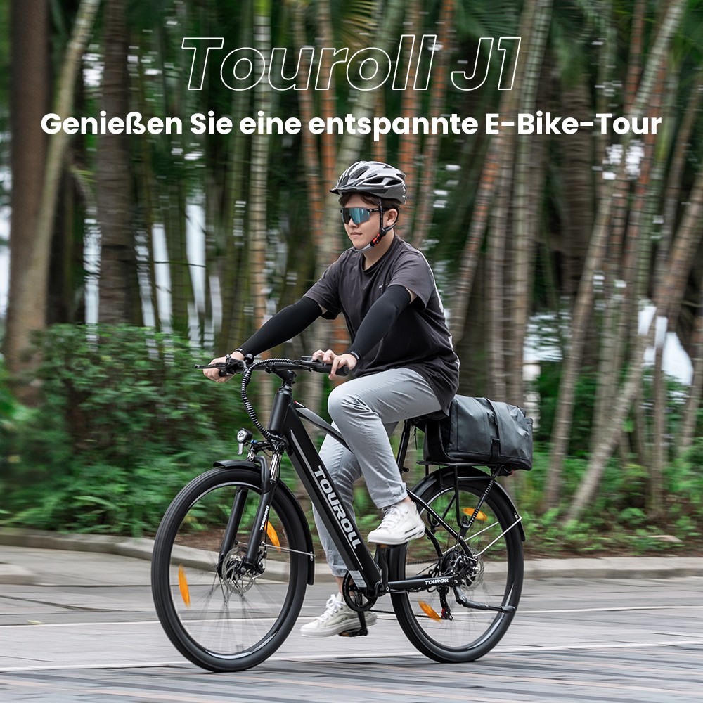 Touroll J1 Trekkingrad mit 250-W-Motor, 27,5-Zoll-Rädern, 561,6-Wh-Akku, 100 km Reichweite, mechanischer Scheibenbremse und E-Bremse (schwarz)