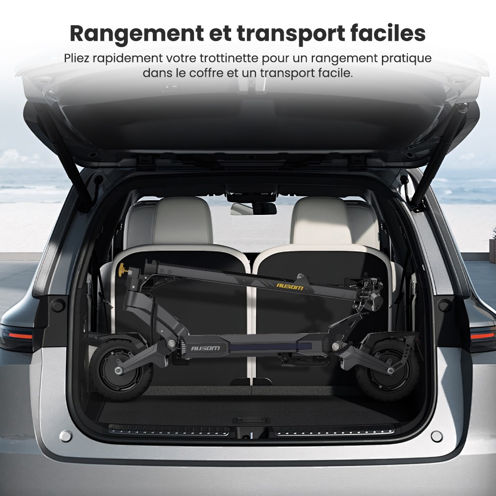 Ausom DT2 Pro Trottinette électrique, moteur 2 x 1 100 W, 52 V 23,4 Ah, pneus 10 x 3 pouces, vitesse maximale de 68 km/h, autonomie maximale de 115 km, freins à disque hydrauliques avant et arrière, suspension à bras oscillant