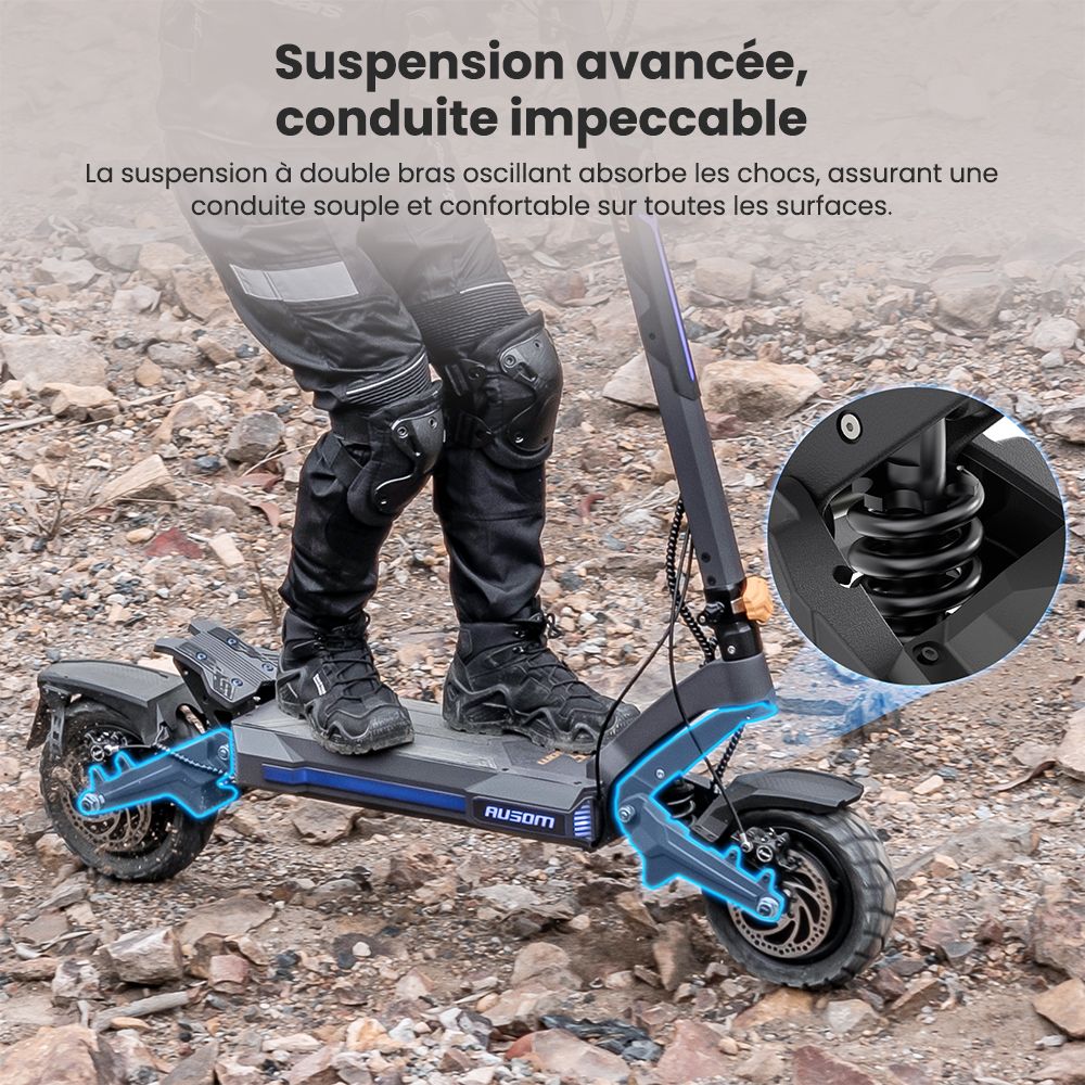 Ausom DT2 Pro Trottinette électrique, moteur 2 x 1 100 W, 52 V 23,4 Ah, pneus 10 x 3 pouces, vitesse maximale de 68 km/h, autonomie maximale de 115 km, freins à disque hydrauliques avant et arrière, suspension à bras oscillant