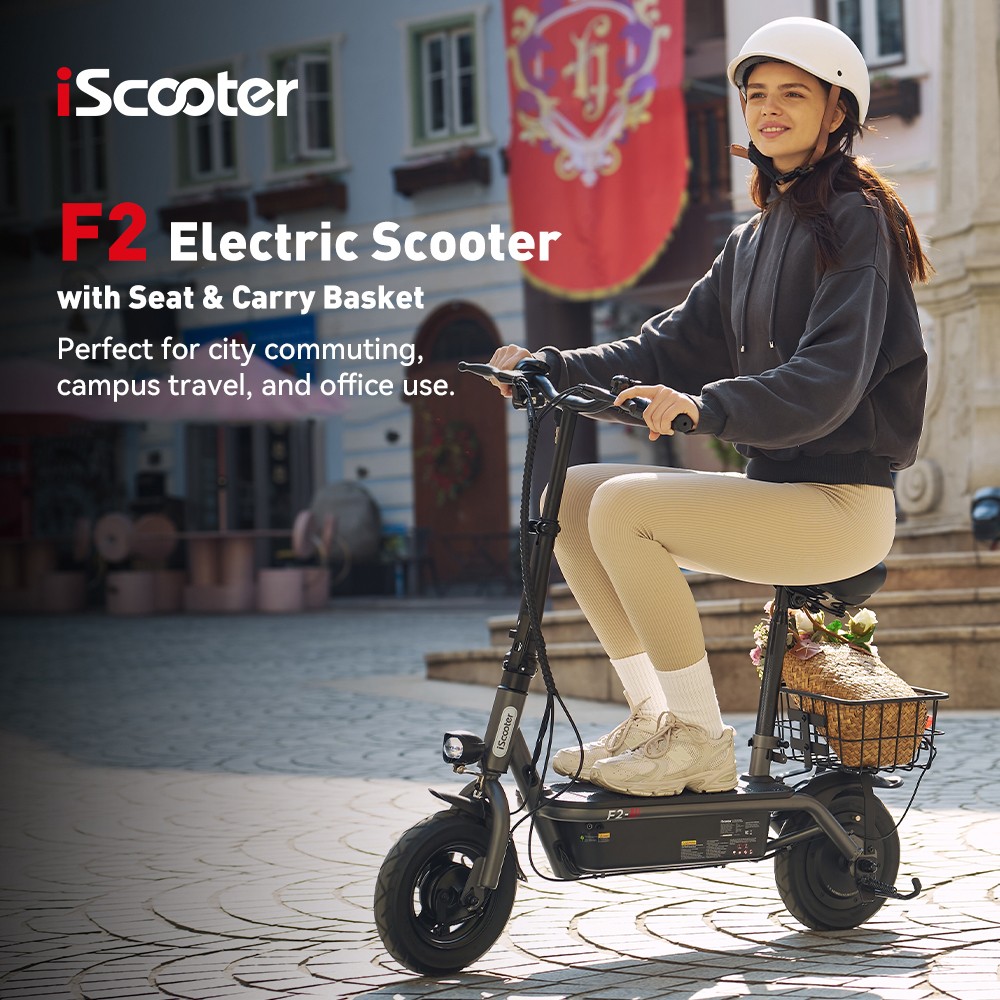 Refurbished iScooter F2 Electric Scooter with Seat & Rear Basket, 500W Motor, 36V 7.8Ah Battery, 10 inch Tires, 30km/h Max Speed, 30km Range, Front & Rear Drum Brakes, 120kg Max Load