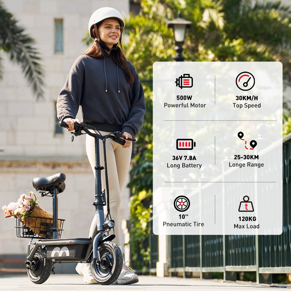 Refurbished iScooter F2 Electric Scooter with Seat & Rear Basket, 500W Motor, 36V 7.8Ah Battery, 10 inch Tires, 30km/h Max Speed, 30km Range, Front & Rear Drum Brakes, 120kg Max Load