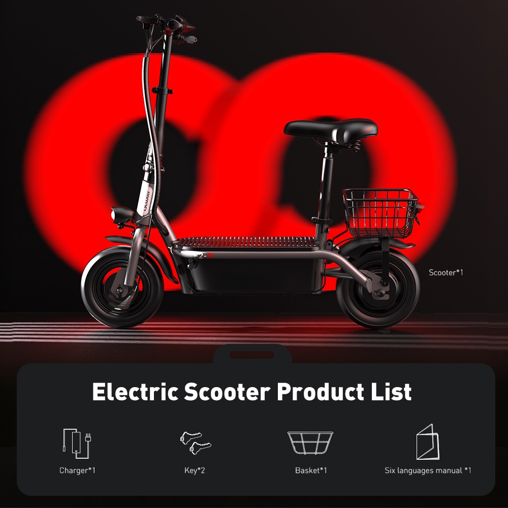 Refurbished iScooter F2 Electric Scooter with Seat & Rear Basket, 500W Motor, 36V 7.8Ah Battery, 10 inch Tires, 30km/h Max Speed, 30km Range, Front & Rear Drum Brakes, 120kg Max Load