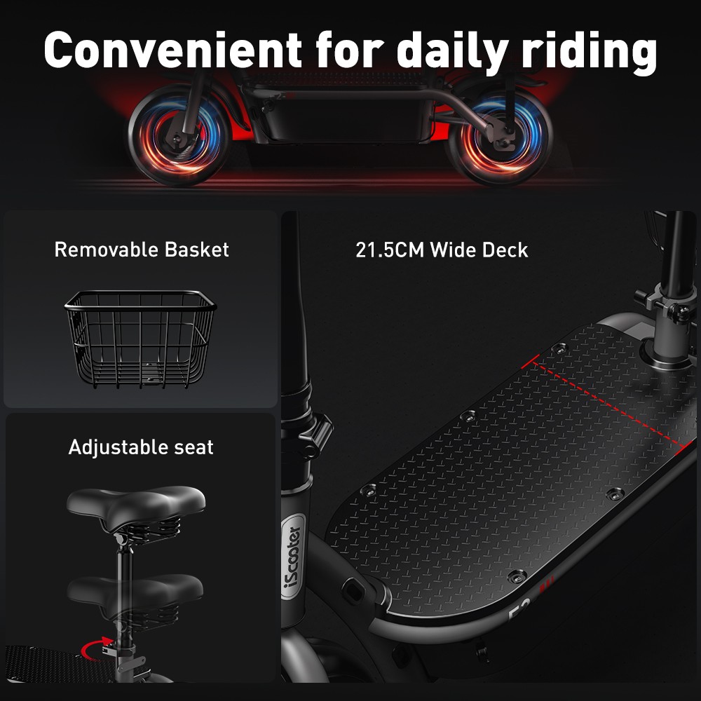 Refurbished iScooter F2 Electric Scooter with Seat & Rear Basket, 500W Motor, 36V 7.8Ah Battery, 10 inch Tires, 30km/h Max Speed, 30km Range, Front & Rear Drum Brakes, 120kg Max Load