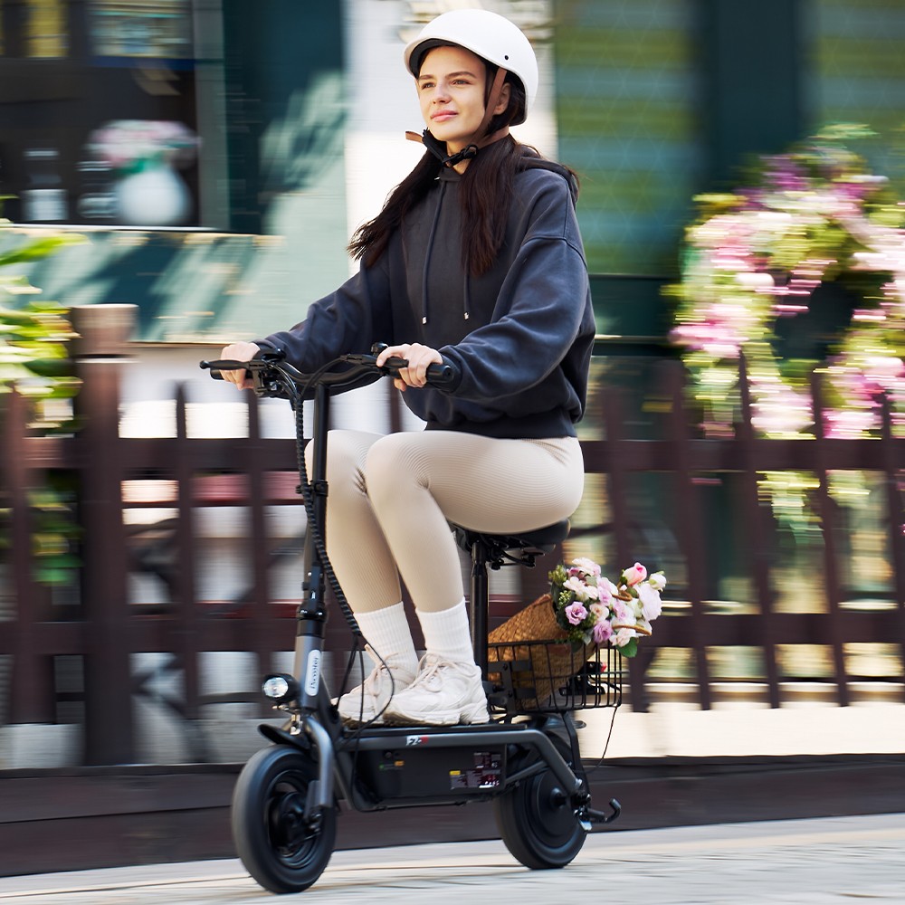 Refurbished iScooter F2 Electric Scooter with Seat & Rear Basket, 500W Motor, 36V 7.8Ah Battery, 10 inch Tires, 30km/h Max Speed, 30km Range, Front & Rear Drum Brakes, 120kg Max Load