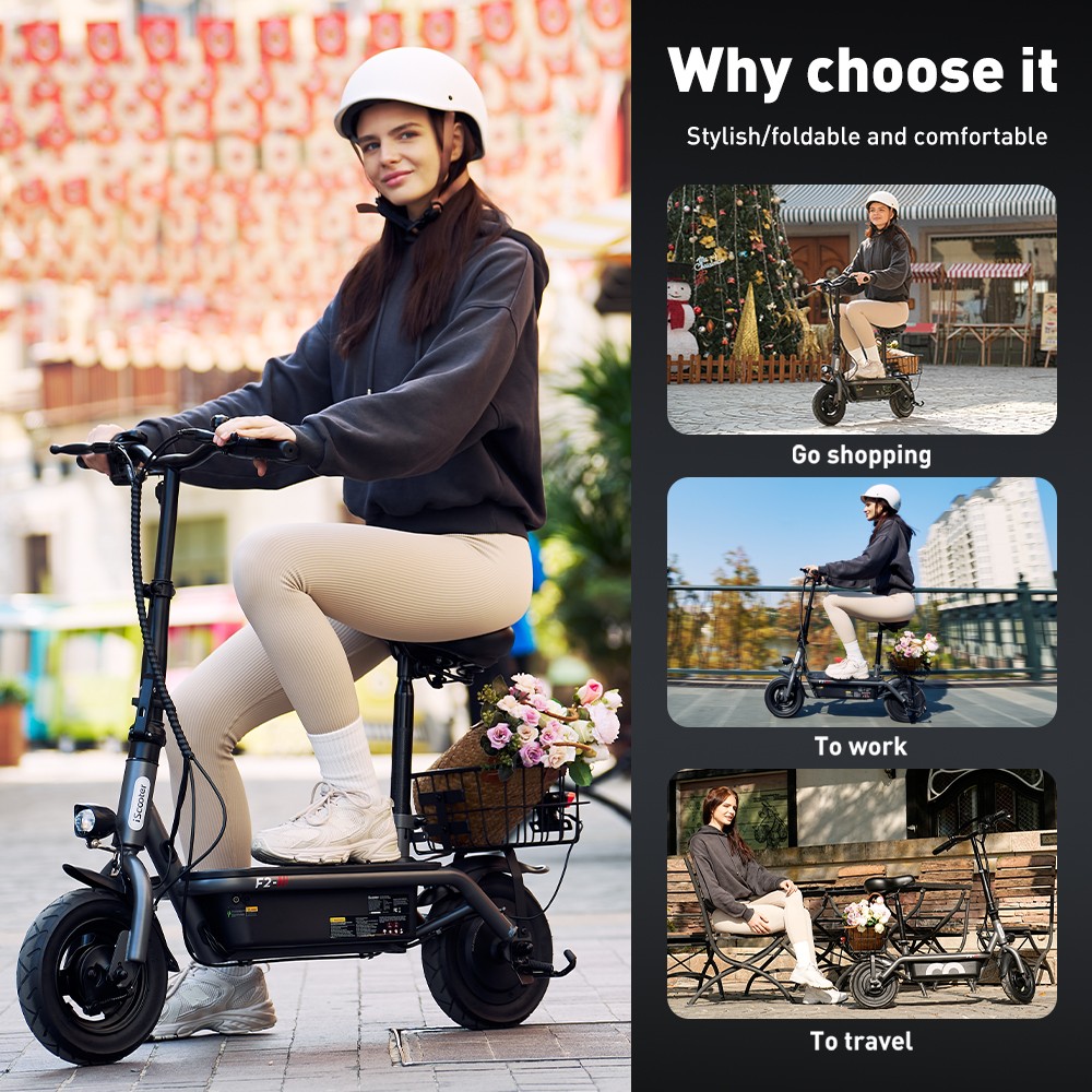 Refurbished iScooter F2 Electric Scooter with Seat & Rear Basket, 500W Motor, 36V 7.8Ah Battery, 10 inch Tires, 30km/h Max Speed, 30km Range, Front & Rear Drum Brakes, 120kg Max Load