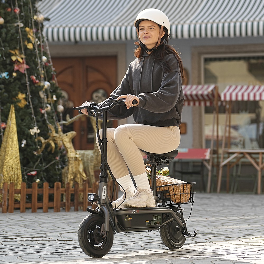 Refurbished iScooter F2 Electric Scooter with Seat & Rear Basket, 500W Motor, 36V 7.8Ah Battery, 10 inch Tires, 30km/h Max Speed, 30km Range, Front & Rear Drum Brakes, 120kg Max Load