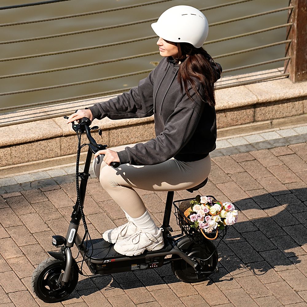 Refurbished iScooter F2 Electric Scooter with Seat & Rear Basket, 500W Motor, 36V 7.8Ah Battery, 10 inch Tires, 30km/h Max Speed, 30km Range, Front & Rear Drum Brakes, 120kg Max Load