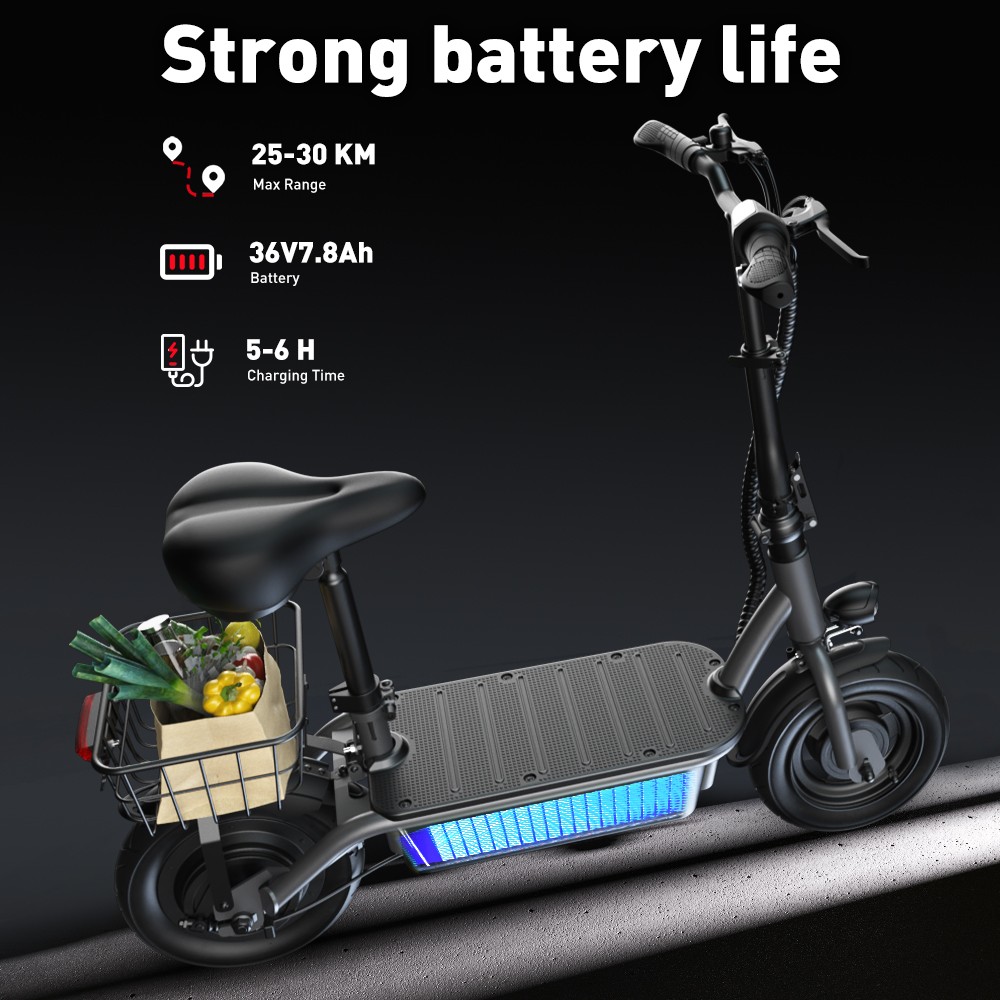 Refurbished iScooter F2 Electric Scooter with Seat & Rear Basket, 500W Motor, 36V 7.8Ah Battery, 10 inch Tires, 30km/h Max Speed, 30km Range, Front & Rear Drum Brakes, 120kg Max Load