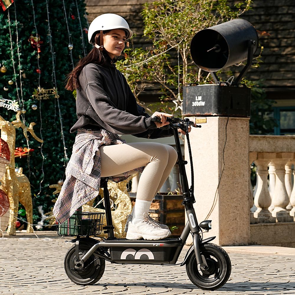 Refurbished iScooter F2 Electric Scooter with Seat & Rear Basket, 500W Motor, 36V 7.8Ah Battery, 10 inch Tires, 30km/h Max Speed, 30km Range, Front & Rear Drum Brakes, 120kg Max Load