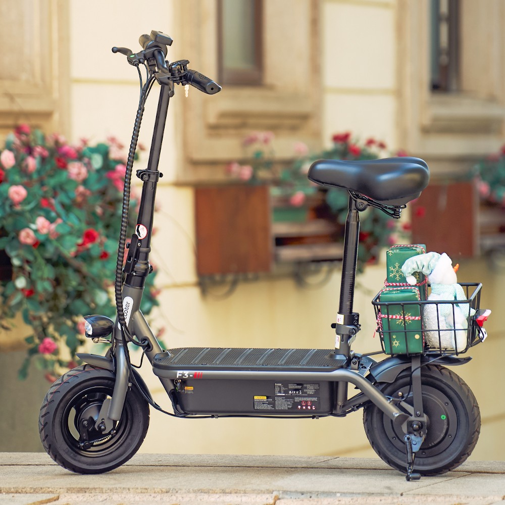 Refurbished iScooter F2 Electric Scooter with Seat & Rear Basket, 500W Motor, 36V 7.8Ah Battery, 10 inch Tires, 30km/h Max Speed, 30km Range, Front & Rear Drum Brakes, 120kg Max Load