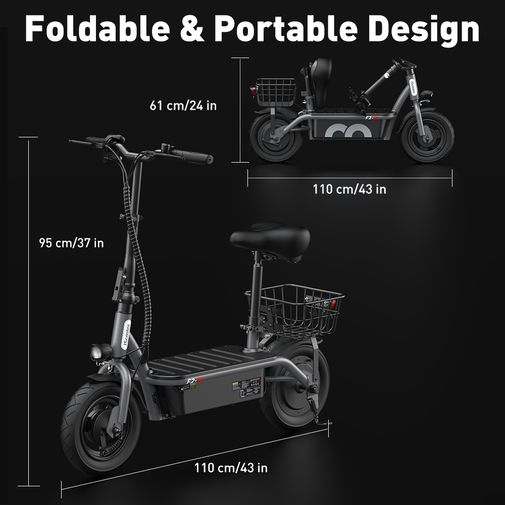 Refurbished iScooter F2 Electric Scooter with Seat & Rear Basket, 500W Motor, 36V 7.8Ah Battery, 10 inch Tires, 30km/h Max Speed, 30km Range, Front & Rear Drum Brakes, 120kg Max Load