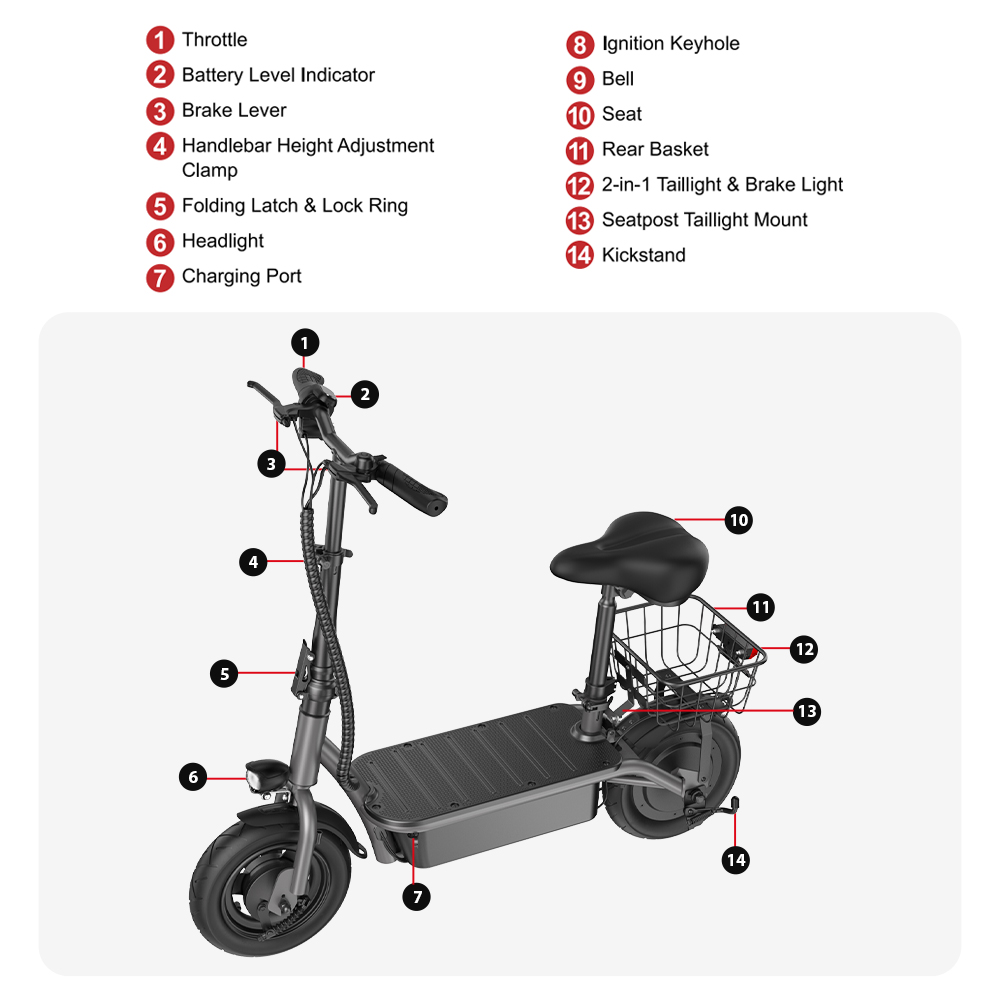 Refurbished iScooter F2 Electric Scooter with Seat & Rear Basket, 500W Motor, 36V 7.8Ah Battery, 10 inch Tires, 30km/h Max Speed, 30km Range, Front & Rear Drum Brakes, 120kg Max Load