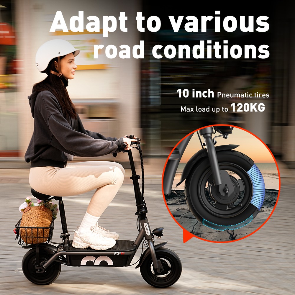 Refurbished iScooter F2 Electric Scooter with Seat & Rear Basket, 500W Motor, 36V 7.8Ah Battery, 10 inch Tires, 30km/h Max Speed, 30km Range, Front & Rear Drum Brakes, 120kg Max Load