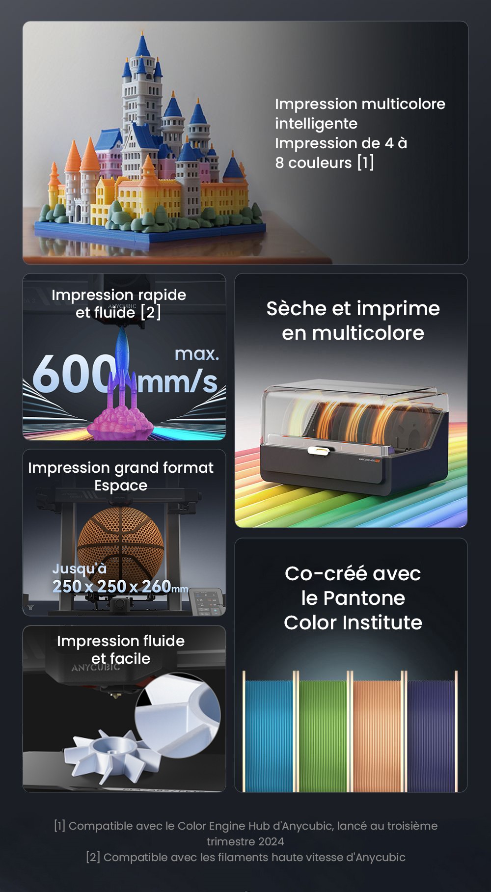 Imprimante 3D ANYCUBIC KOBRA 3 COMBO, avec ACE Pro, vitesse maximale de 600 mm/s, double système de chauffage PTC, impression multicolore intelligente, mise à niveau automatique, détection de colmatage des buses, taille extensible 250 x 250 x 260 mm