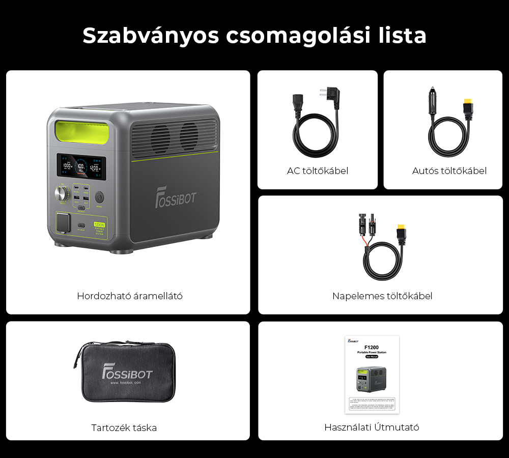 FOSSiBOT F1200 Hordozható Erőmű, 1024 Wh Kapacitás, 1200 W Névleges Teljesítmény, 3 LED Világítási Mód, 7 Kimeneti Port, BMS Védelem, <10 ms Átkapcsolás, 5 Fokozatú Bemeneti Szabályozó, EV Minőségű LiFePO4 Akkumulátor, 4000+ Ciklusidő
