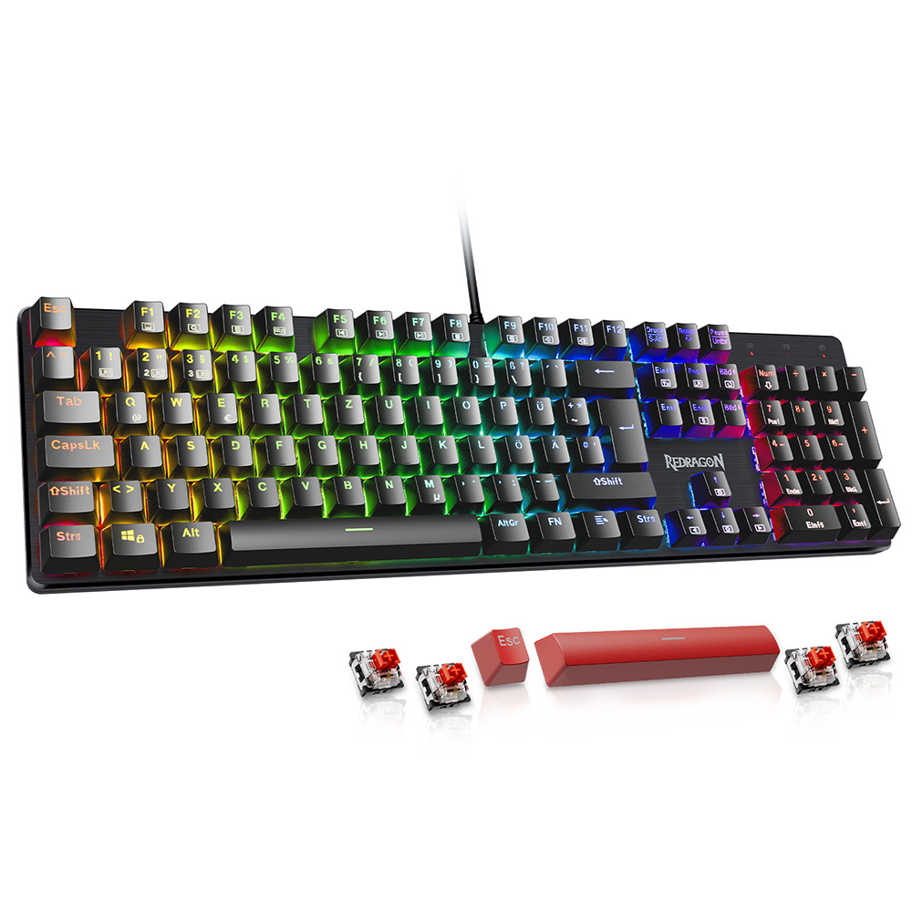 Redragon K671-DE 105-gombos mechanikus billentyűzet NumPad szivárványos háttérvilágítással, piros kapcsolóval, DE elrendezéssel - fekete