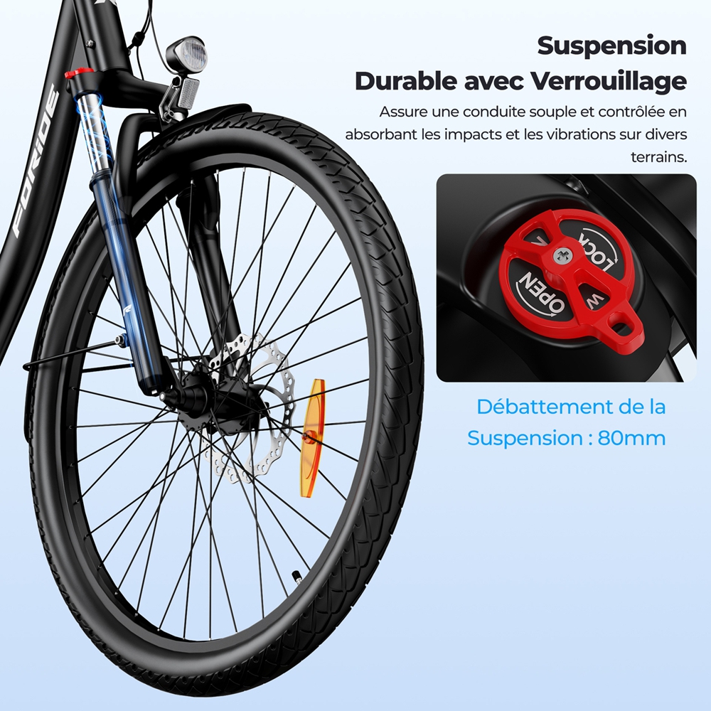 Foride Urbano 2 Vélo électrique, moteur central 250 W, batterie 36 V 13 Ah, pneus 26 pouces, vitesse maximale 25 km/h, autonomie 100 km, frein à disque hydraulique, suspension avec blocage, transmission Shimano 7 vitesses