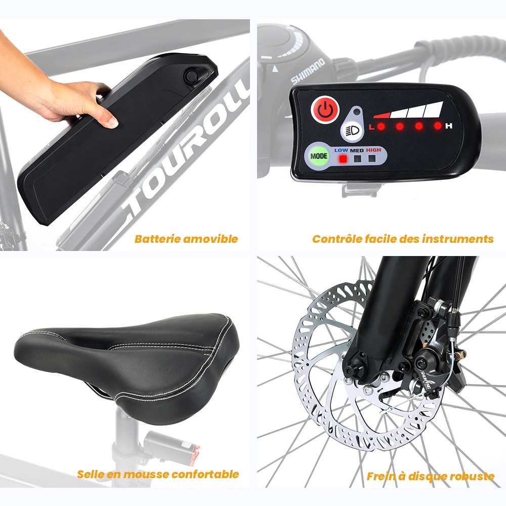 Touroll U1 Vélo électrique, 29 VTT, avec moteur 250W, batterie lithium-ion amovible 13Ah, distance de déplacement maximale de 65KM, pneus tout-terrain 29x2.25'' CST, vitesses Shimano 21 vitesses