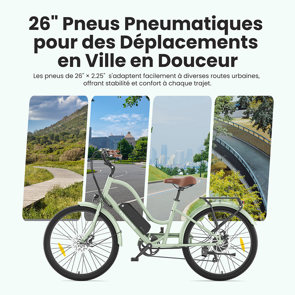 Touroll B2 Vélo électrique, moteur 250 W, batterie 36 V 15,6 Ah, pneus 26 x 2,25 pouces, vitesse maximale 25 km/h, autonomie 100 km, frein à disque et frein électrique, Shimano 7 vitesses, écran LED