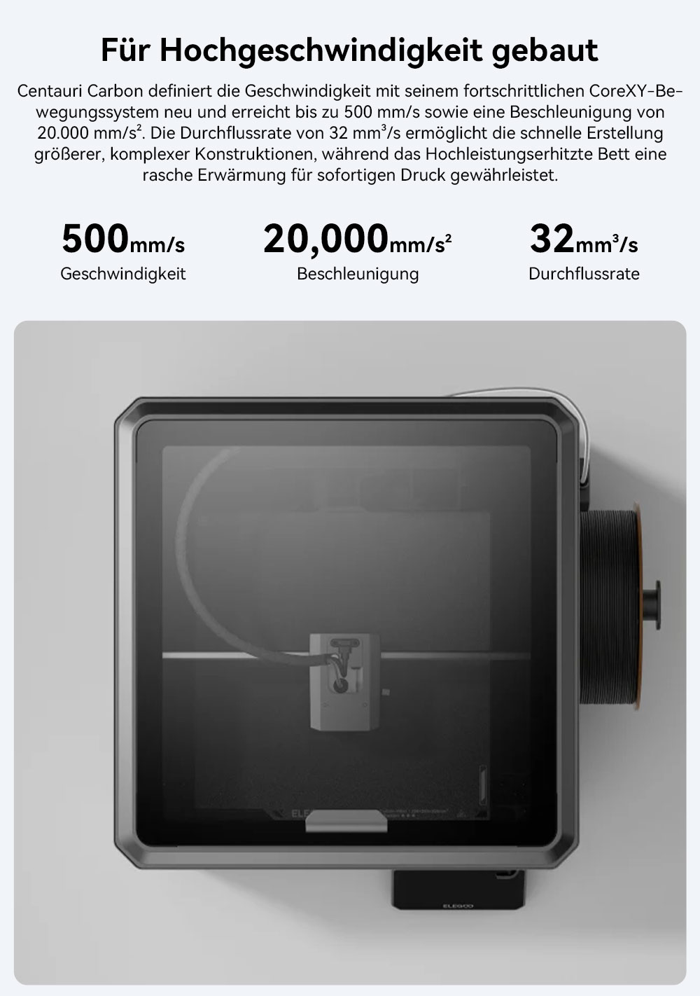 Elegoo Centauri Carbon 3D-Drucker, CoreXY 500mm/s, 320°C Düse, Carbon/PLA/ABS-kompatibel, Auto-leveling, 256*256*256mm