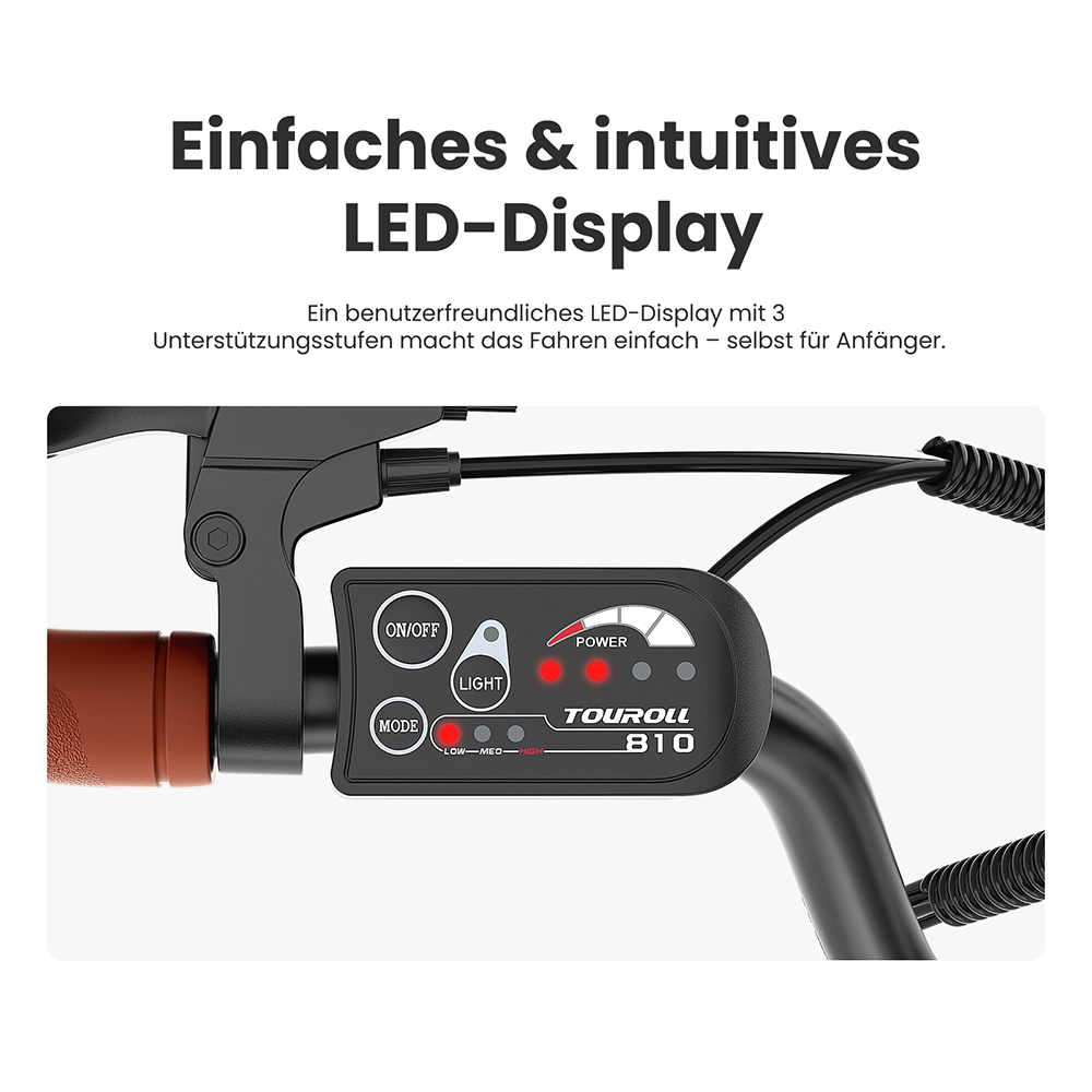 Touroll B2 Elektrofahrrad, 250 W Motor, 36 V 15,6 Ah Akku, 26 x 2,25 Zoll Reifen, 25 km/h Höchstgeschwindigkeit, 100 km Reichweite, Scheibenbremse und E-Bremse, Shimano 7-Gang-Getriebe, LED-Display