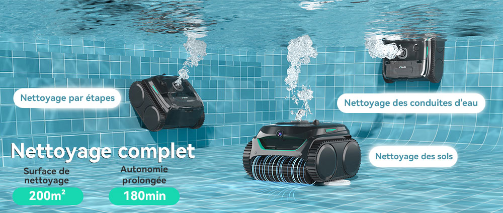 Aspirateur robot de piscine sans fil WYBOT C2 Vision, détection de débris avec caméra AI, nettoyage principal 8 en 1, filtration à deux couches, moteurs sans balais pour une aspiration puissante, pour piscines jusqu'à 1940 pieds carrés, noir vert