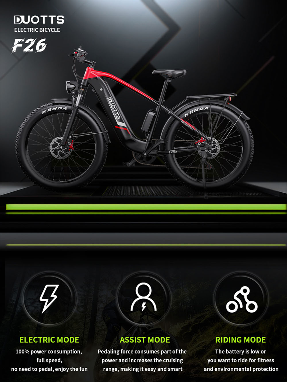 DUOTTS F26 Electric Mountain Bike 750W*2 Dual Motors Samsung 48V 20Ah Battery 26*4.0 Inch Fat Tires 55Km/h Max Speed 55 Degree Climbing Smart Color Display APP Dual Disc Brakes 150KG Max Load 100KM Range Smart APP - Black