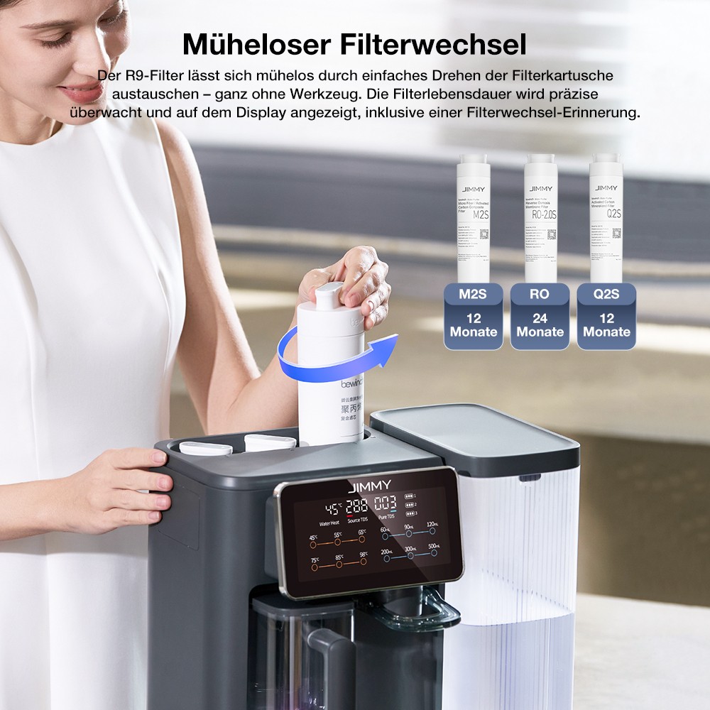 JIMMY R9 Tisch-Reverse-Osmose-Wasserfilter, 7-Stufen + UV + Remineralisierung, 3s Heißwasser, 7 Temperaturen, 3:1 Verhältnis, Grau