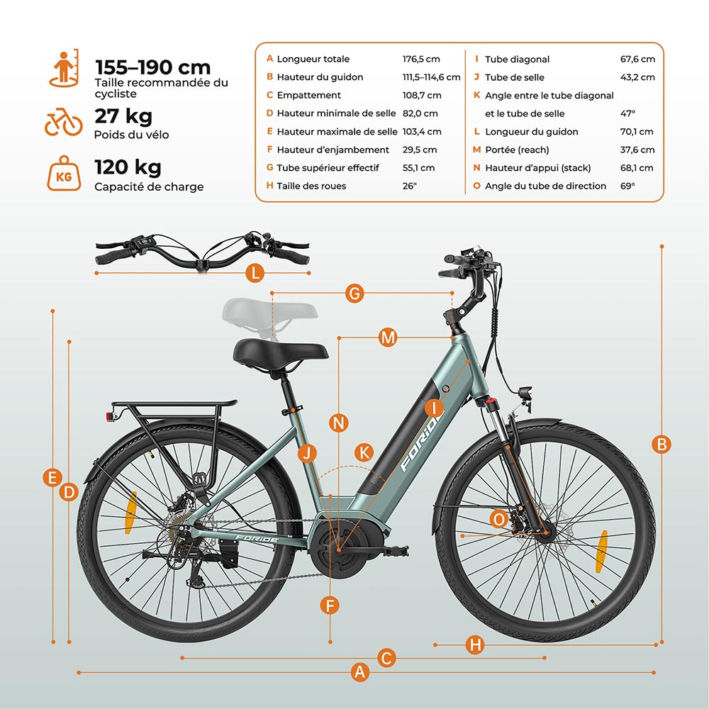 Foride Urbano 1 Vélo électrique, moteur central 250 W, batterie 36 V 13 Ah, pneus 26 pouces, vitesse maximale 25 km/h, autonomie 110 km, freins à disque hydrauliques, fourche à suspension avec blocage, transmission Shimano 7 vitesses