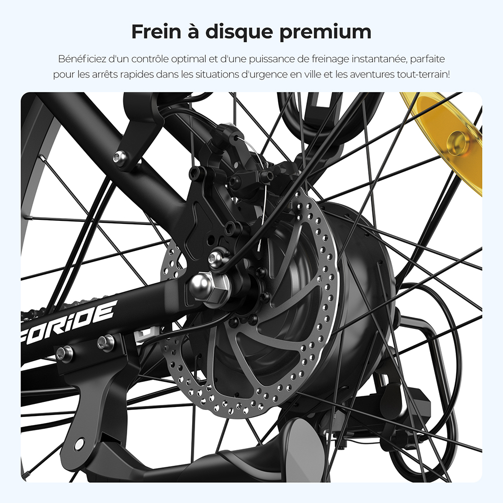 Foride Roamer 1 Vélo électrique à enjambement, moteur 250 W, batterie 36 V 13 Ah, pneus 27,5 pouces, vitesse maximale 25 km/h, autonomie maximale 100 km, frein à disque, suspension avec blocage, transmission Shimano 7 vitesses