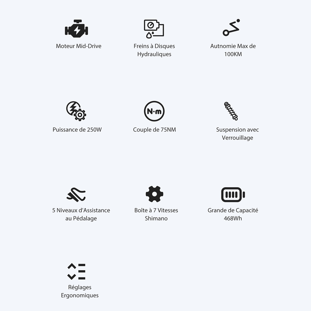 Foride Urbano 2 Vélo électrique, moteur central 250 W, batterie 36 V 13 Ah, pneus 26 pouces, vitesse maximale 25 km/h, autonomie 100 km, frein à disque hydraulique, suspension avec blocage, transmission Shimano 7 vitesses