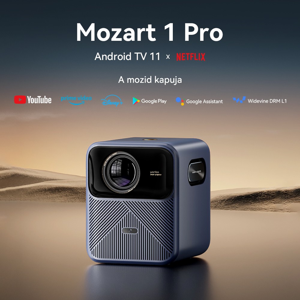 Wanbo Mozart 1 Pro LCD projektor, 900 ANSI, natív 1080P, Android TV 11, autofókusz, tárgyelkerülés - EU csatlakozó