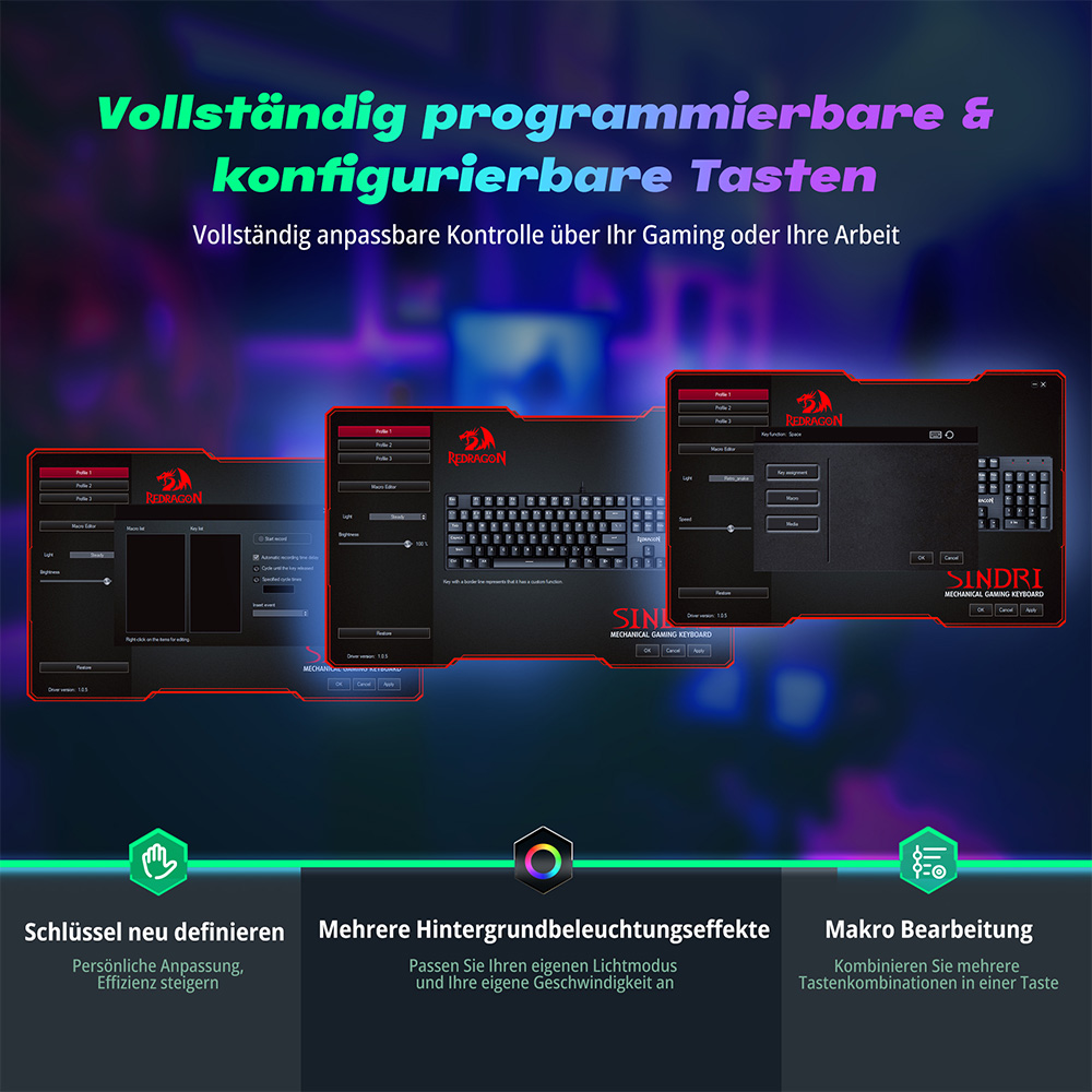 Redragon K671-DE Mechanikus Gaming Billentyűzet, 105 Gombos Teljes Méret, DE QWERTZ Kiosztás, USB-C Vezetékes, Hot-Swap Kapcsolók, RGB Háttérvilágítás, Anti-Ghosting, Kompatibilis Windows/macOS, Játékhoz és Irodához