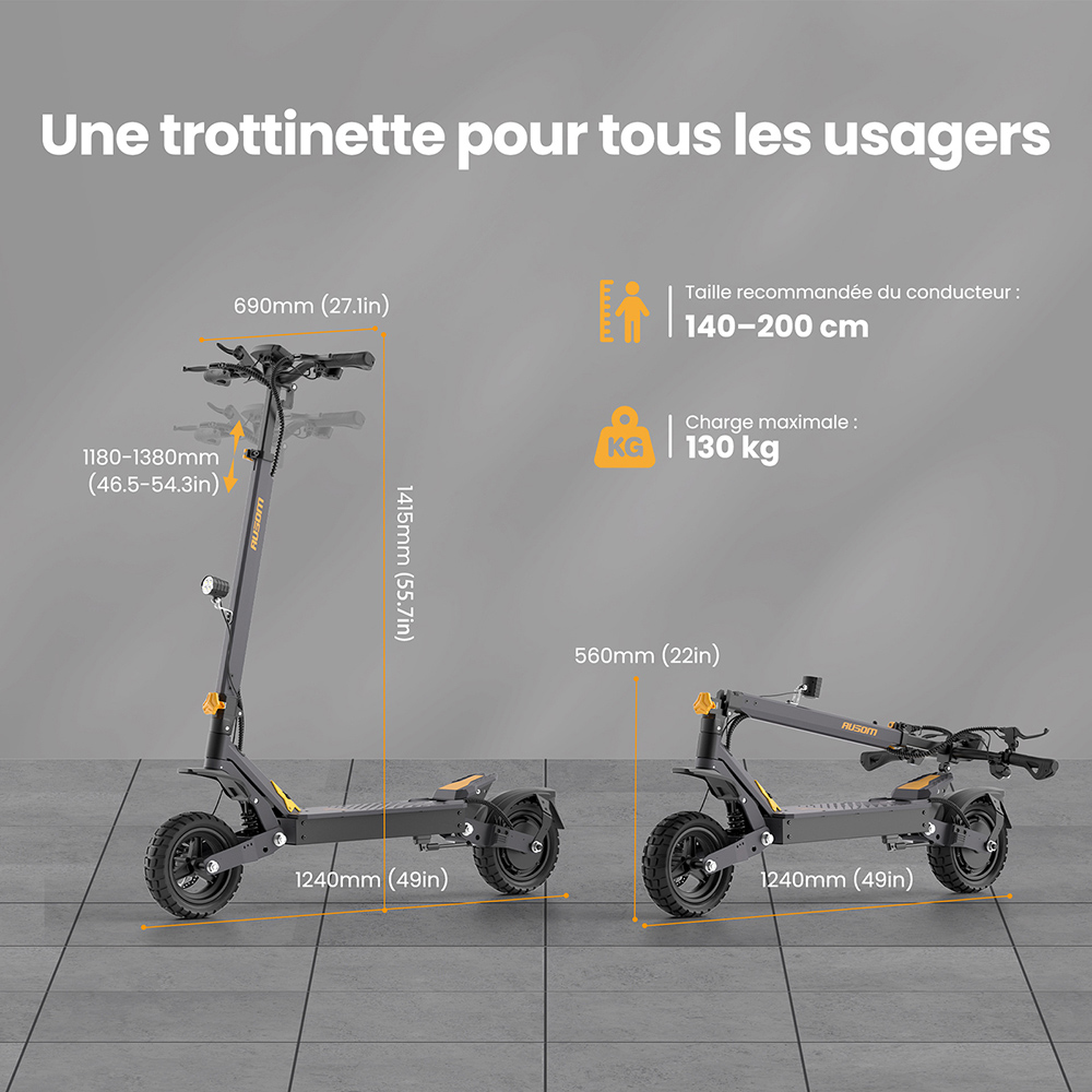 Ausom L1 Trottinette électrique, moteur 800 W, batterie 48 V 15,6 Ah, pneus 10 pouces, vitesse maximale 45 km/h, autonomie 70 km, freins à disque avant et arrière, suspension à double bras oscillant, verrouillage NFC et code d'accès