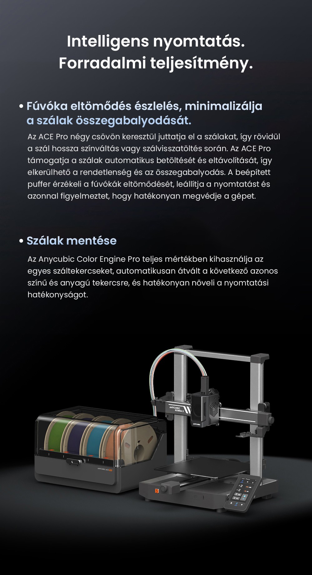 ANYCUBIC KOBRA 3 COMBO 3D nyomtató, ACE Pro-val, Max. 600 mm/s sebesség, Kettős PTC fűtőrendszer, Intelligens többszínű nyomtatás, Automatikus szintezés, Fúvóka eltömődés-észlelés, Bővíthető méret 250x250x260mm