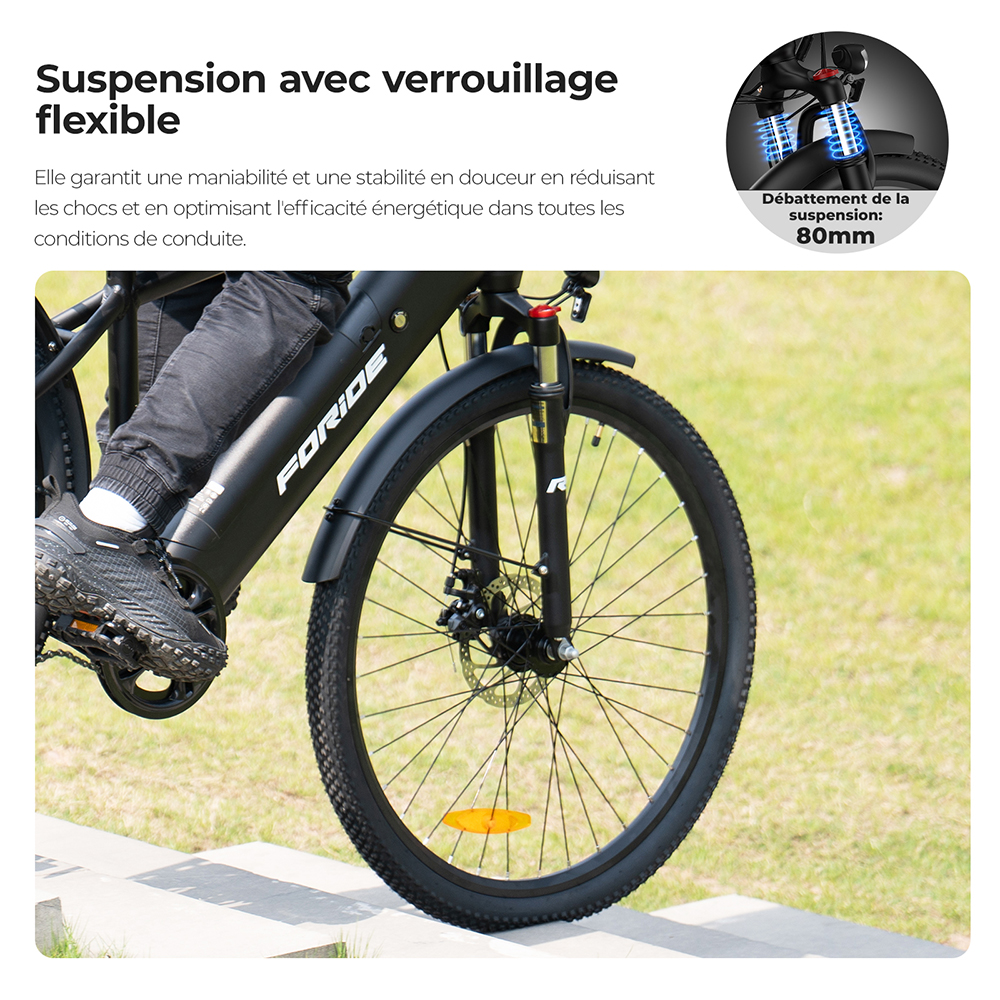 Foride Roamer 1 Vélo électrique à enjambement, moteur 250 W, batterie 36 V 13 Ah, pneus 27,5 pouces, vitesse maximale 25 km/h, autonomie maximale 100 km, frein à disque, suspension avec blocage, transmission Shimano 7 vitesses