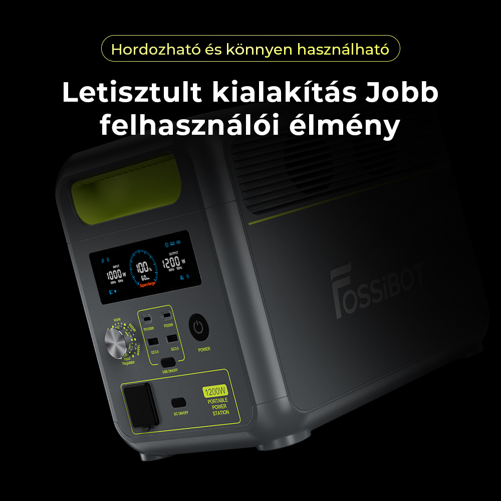 FOSSiBOT F1200 Hordozható Erőmű, 1024 Wh Kapacitás, 1200 W Névleges Teljesítmény, 3 LED Világítási Mód, 7 Kimeneti Port, BMS Védelem, <10 ms Átkapcsolás, 5 Fokozatú Bemeneti Szabályozó, EV Minőségű LiFePO4 Akkumulátor, 4000+ Ciklusidő