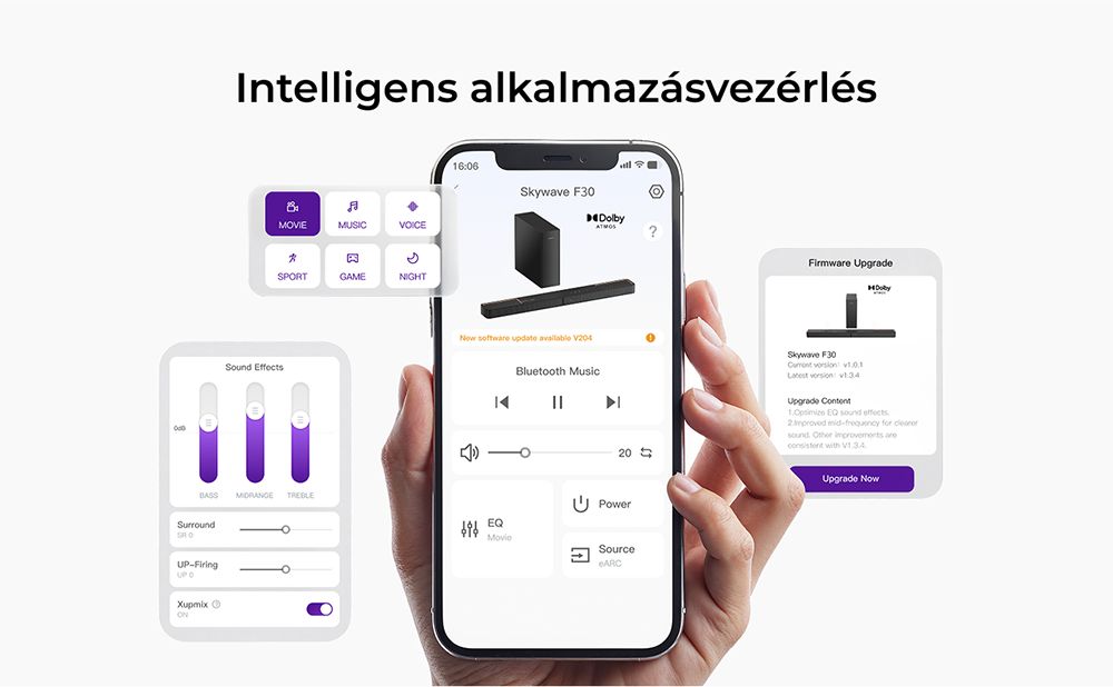 Ultimea Skywave F30 3.1.2 Soundbar, Dolby Atmos, Applikációvezérlés, 300 W csúcsteljesítmény, CEC funkció, Bluetooth 5.4, 10 sávos grafikus hangszínszabályzó beállítások, 121 előre beállított EQ mátrix