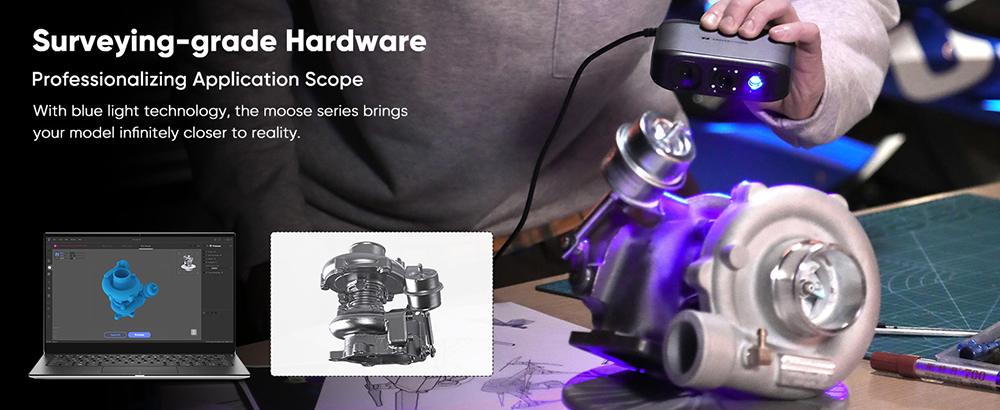 Refurbished 3DMakerpro Moose 3D Scanner, Al Visual Tracking, 0.03mm Accuracy, 0.07mm Resolution, Blue LED Light Source, 24-bit Color Camera, 10fps Frame Rate, Anti-Shake Lenses, Compatible with Windows/MacOS - Premium Version