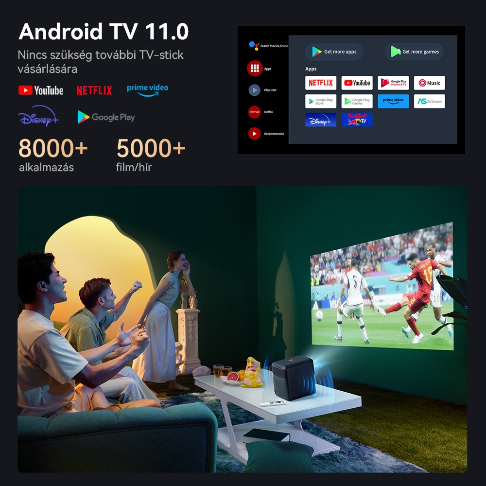 Wanbo Mozart 1 Pro LCD projektor, 900 ANSI, natív 1080P, Android TV 11, autofókusz, tárgyelkerülés - EU csatlakozó