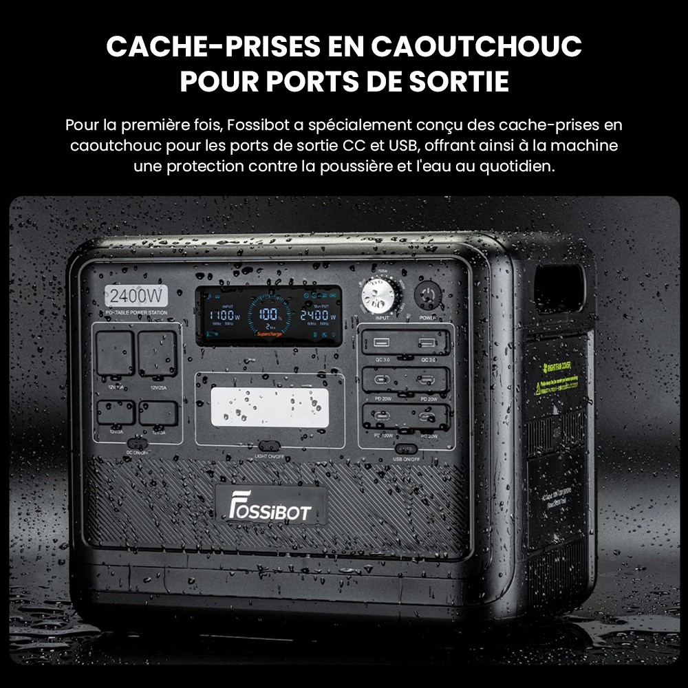 Centrale électrique portable FOSSiBOT F2400, batterie LiFePO4 2048 Wh, générateur solaire de sortie 2400 W, 3 prises AC RV Car USB Type-C QC3.0 PD DC5521 à onde sinusoïdale pure, charge rapide en 1,5 heure, bouton de réglage de la puissance d'entrée, onduleur bidirectionnel - Vert