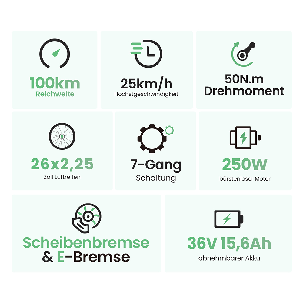 Touroll B2 Elektrofahrrad, 250 W Motor, 36 V 15,6 Ah Akku, 26 x 2,25 Zoll Reifen, 25 km/h Höchstgeschwindigkeit, 100 km Reichweite, Scheibenbremse und E-Bremse, Shimano 7-Gang-Getriebe, LED-Display